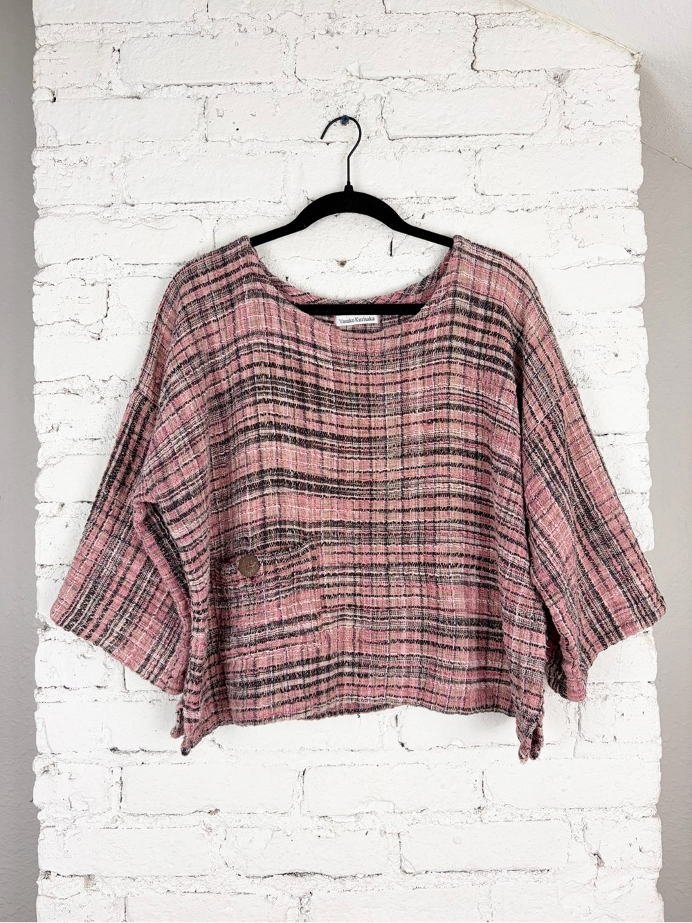 Yasuko Kurisaka Cotton Tweed Woven Button Pocket Half Sleeve Lagenlook Top OS
